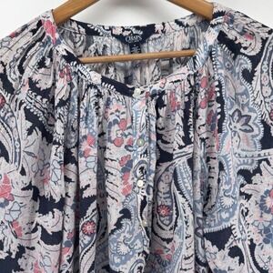 Chaps Womens Paisley Print Button Front Blouse Navy Pink Long Sleeve Size M